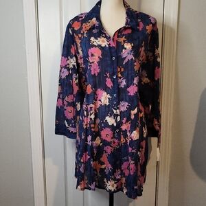 Nic + Zoe Floral Cotton Lightweight Button Down Blouse